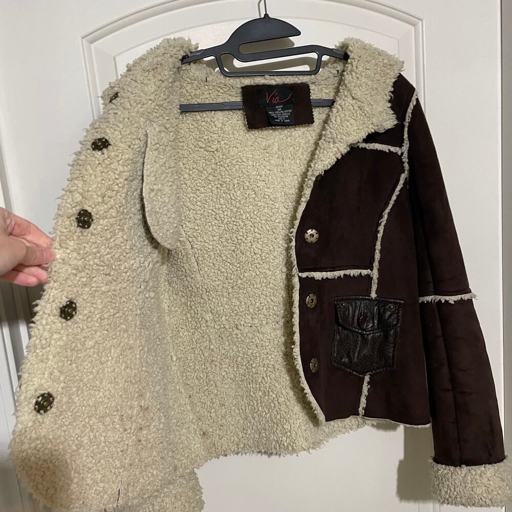 Via Spiga Brown Suede Winter Jacket Sherpa Lined Button Up Y2K Bratz Small